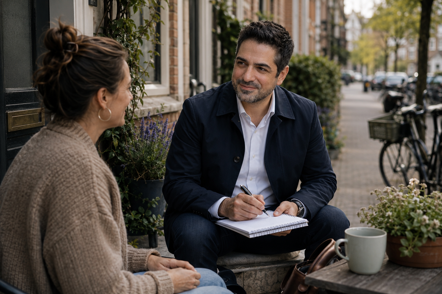 Ambulant begeleider in gesprek met een cliënt op de stoep