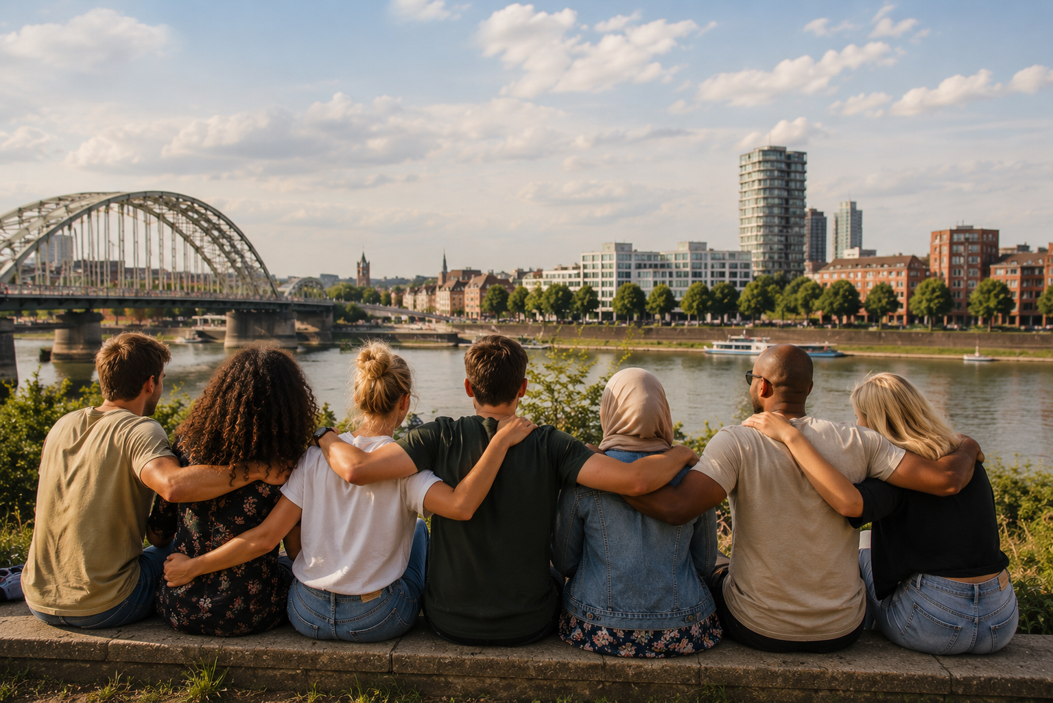 Diverse groep mensen samen aan de rivier met uitzicht op de stad