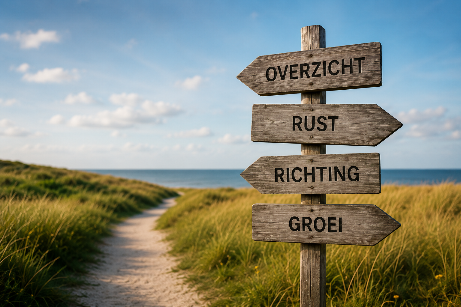 Wandelpad tussen de duinen met een wegwijzer met de woorden overzicht, rust, richting en groei
